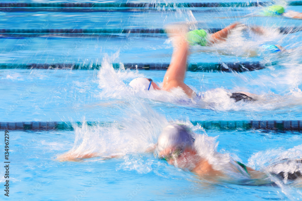 Motion blurred freestyle swimmers in a race