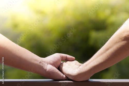 Close up of men gay couple holding hands on green natural  © eggeeggjiew