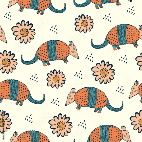 Colorful seamless pattern with armadillo and flowers