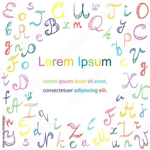 Hand Drawn Doodle Font. Colorful Children Drawings of Scribble Alphabet Arranged in a Circle.  Vector Illustration.