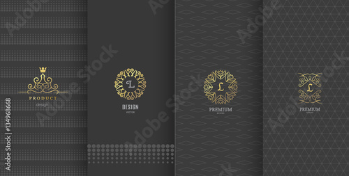  Collection of design elements,labels,icon,frames, for packaging,design of luxury products.Made with golden foil.Isolated on black background. vector illustration