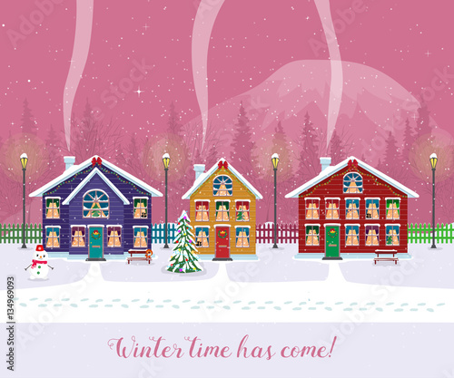 Winter time has come. Postcard with pretty houses in the snow. Decorated Christmas elements.