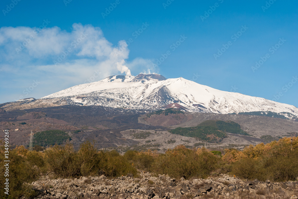 South flank of volcano Etna covered by snow during the winter