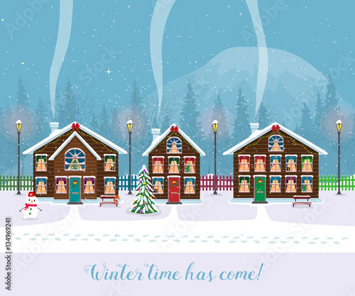 Winter time has come. Postcard with pretty houses in the snow. Decorated Christmas elements.
