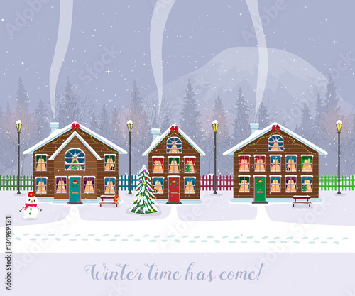 Winter time has come. Postcard with pretty houses in the snow. Decorated Christmas elements.
