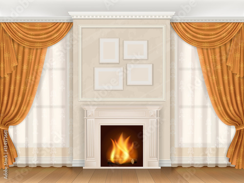 Vector realistic interior of living room in classic style, with fireplace. Pictures in frames hanging on the wall. Windows decorated beautiful curtains. 
