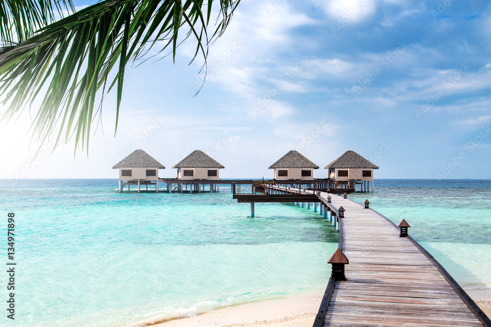 Water bungalows resort at islands. Indian Ocean, Maldives