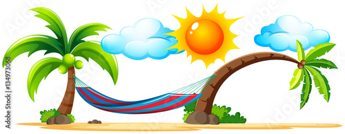 Beach scene with hammock on coconut trees