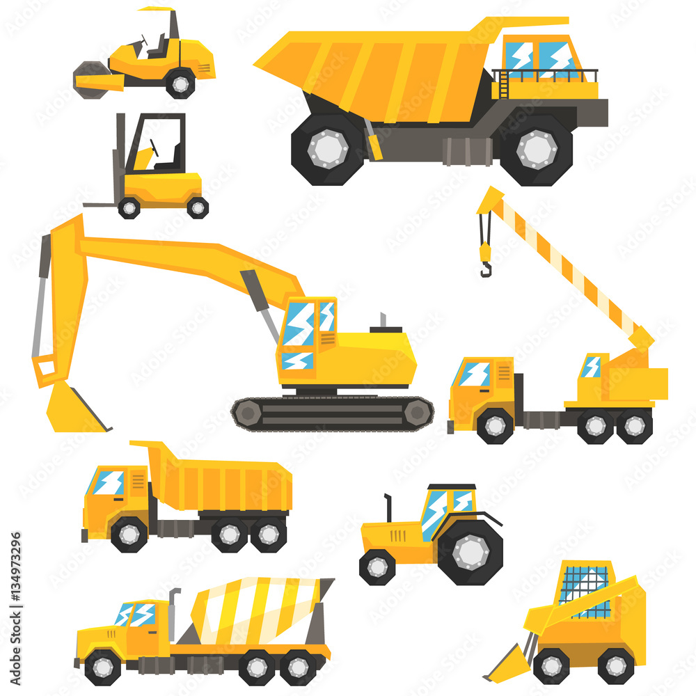 Yellow Construction Cars And Machinery Set Of Colorful Vehicles In REalistic Design Illustrations