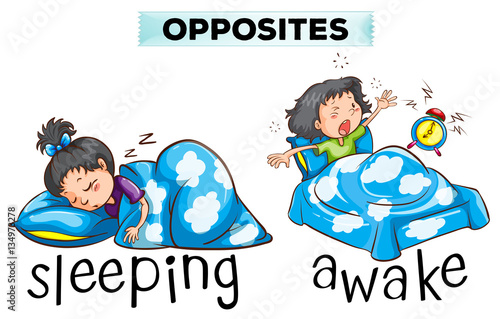 Opposite wordcard with word sleeping and awake