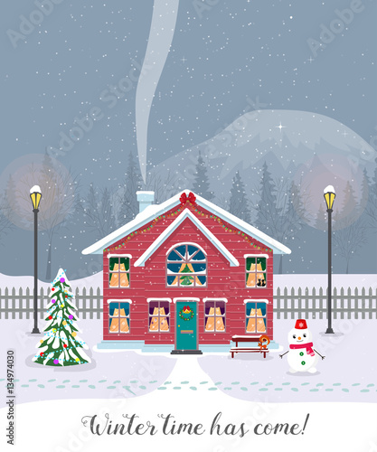 Winter time has come. Postcard with pretty houses in the snow. Decorated Christmas elements.
