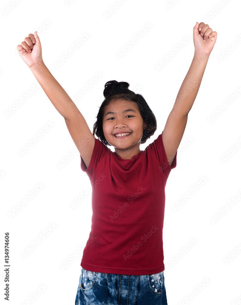 closeup happy children with their hands up isolated on white bac closeup happy children with their hands up isolated on white bac