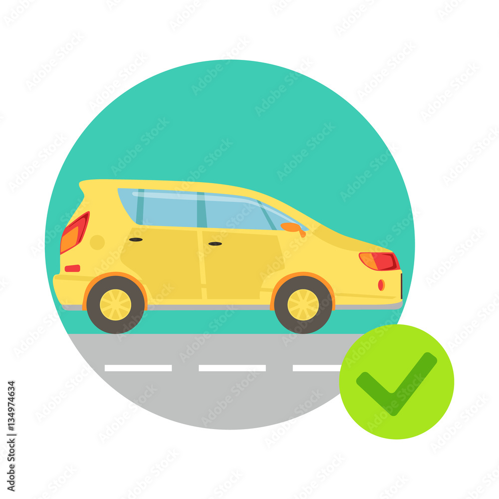 Yellow Car In Round Frame, Insurance Company Services Infographic Illustration