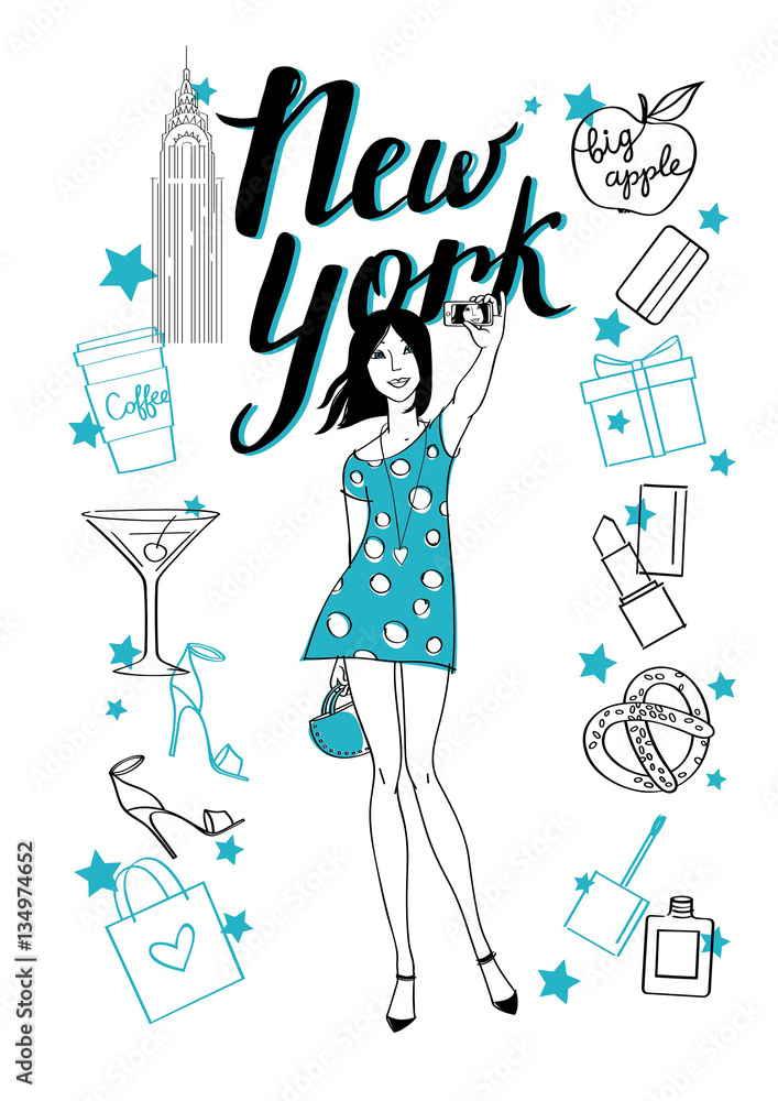 New york3/A young girl makes a selfie. New York. Vector hand drawn illustration. Fashion accessories.