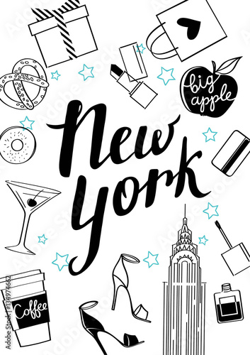 New year4/New York. Vector hand drawn illustration. Fashionable accessories.