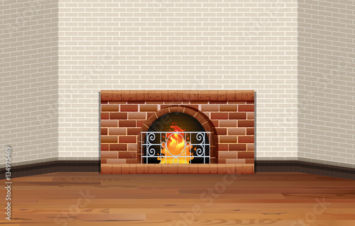 Room with fireplace and brick wall
