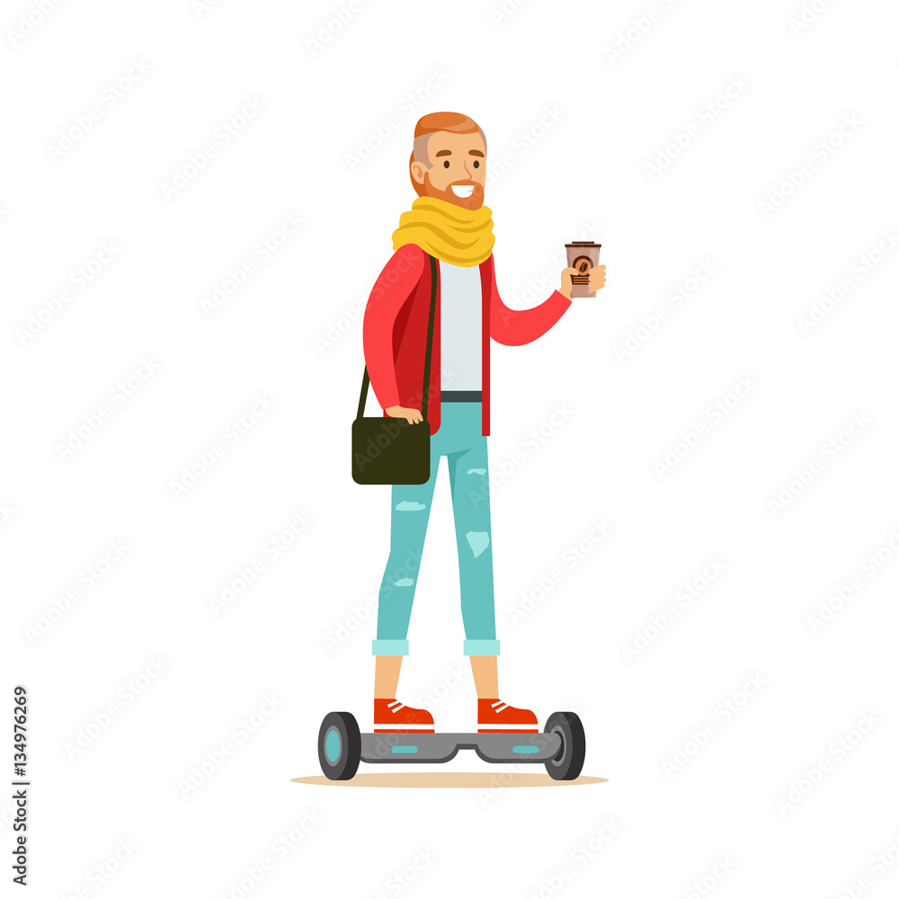 Hipster With Coffee Paper Cup Riding Electric Self-Balancing Battery Powered Personal Electric Scooter Cartoon Character Hipster With Coffee Paper Cup Riding Electric Self-Balancing Battery Powered Personal Electric Scooter Cartoon Character