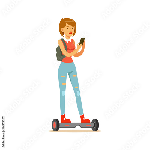 Girl With Backpack And Smartphone Riding Electric Self-Balancing Battery Powered Personal Electric Scooter Cartoon Character