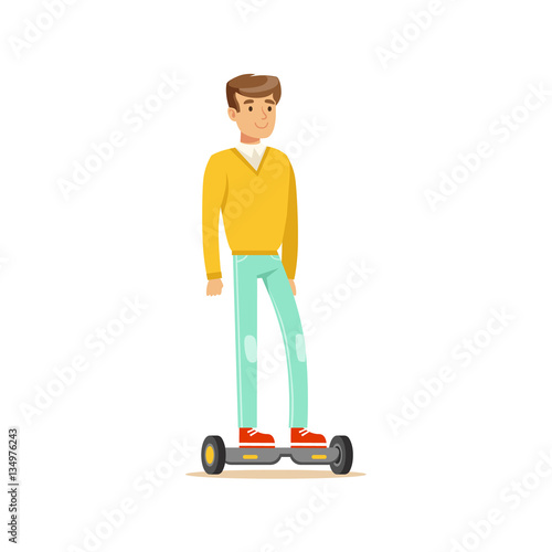 Man In Yellow Sweater And Jeans Riding Electric Self-Balancing Battery Powered Personal Electric Scooter Cartoon Character