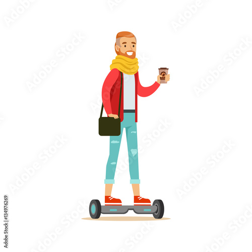 Hipster With Coffee Paper Cup Riding Electric Self-Balancing Battery Powered Personal Electric Scooter Cartoon Character