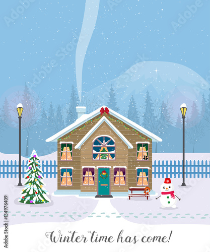 Winter time has come. Postcard with pretty houses in the snow. Decorated Christmas elements.