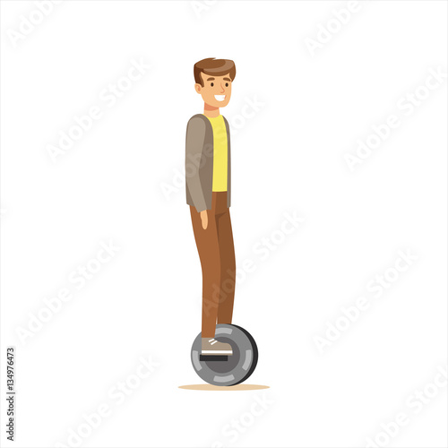 Man In Grey Jacket And Brown Pants Riding Electric Self-Balancing Battery Powered Personal Electric Scooter Cartoon Character