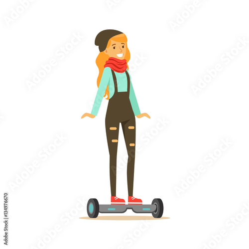 Girl In Dungarees And Scarf Riding Electric Self-Balancing Battery Powered Personal Electric Scooter Cartoon Character