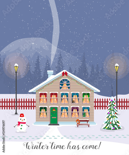 Winter time has come. Postcard with pretty houses in the snow. Decorated Christmas elements.