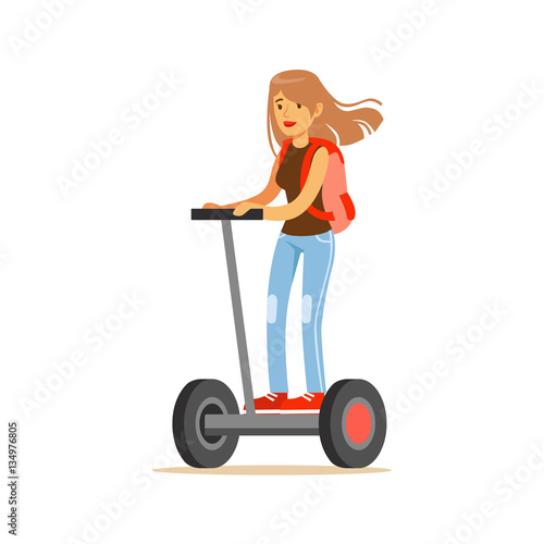 Student Girl With Backpack Riding Electric Self-Balancing Battery Powered Personal Electric Scooter Cartoon Character photo