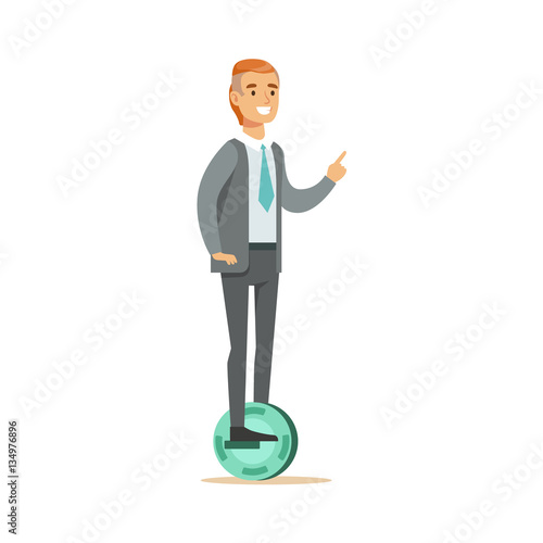 Office Worker In Suit With Tie Riding Electric Self-Balancing Battery Powered Personal Electric Scooter Cartoon Character