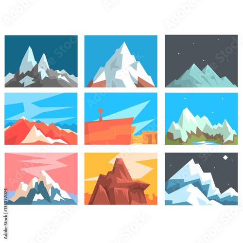 Mountain Peaks And Summits Landscape Vector Illustration Set With Mountains Of Different Geographic Zones.