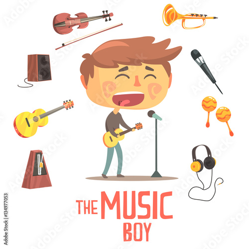Boy Singer And Musician, Kids Future Dream Professional Occupation Illustration With Related To Profession Objects