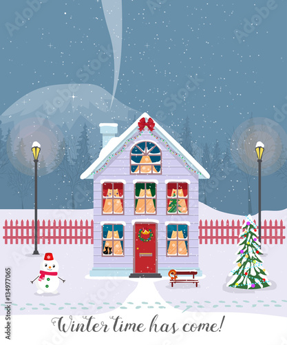 Winter time has come. Postcard with pretty houses in the snow. Decorated Christmas elements.