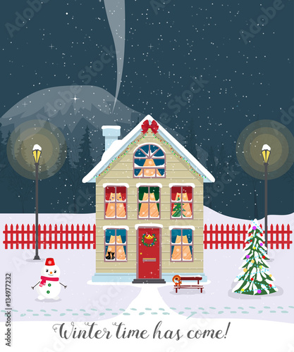Winter time has come. Postcard with pretty houses in the snow. Decorated Christmas elements.