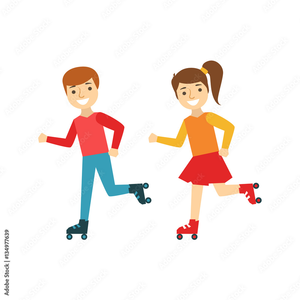 Brother And Sister Kids Roller Skating, Happy Family Having Good Time Together Illustration Brother And Sister Kids Roller Skating, Happy Family Having Good Time Together Illustration