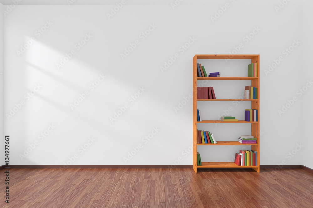 Minimalist interior of empty white room with bookcase. Stock ...