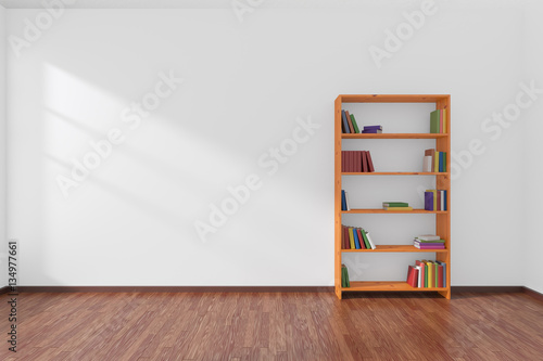 Minimalist interior of empty white room with bookcase.