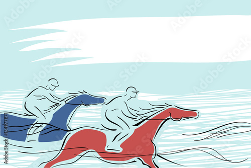 Horse race with two horse and jockeys. Hand drawing vector illustration banner. Equestrian background