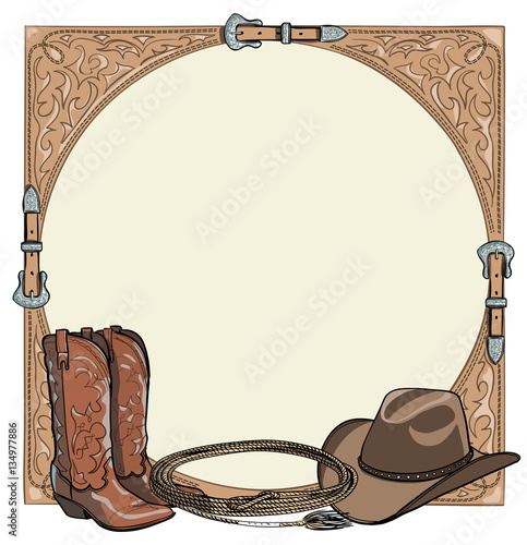 Cowboy horse equine riding tack tool in the western leather belt frame. Western boot, hat, lasso rope. Hand drawing cartoon vector background