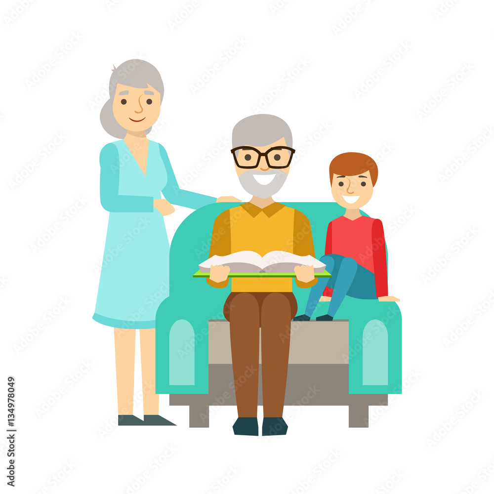 Grandparents And Boy Reading A Book, Happy Family Having Good Time Together Illustration Grandparents And Boy Reading A Book, Happy Family Having Good Time Together Illustration