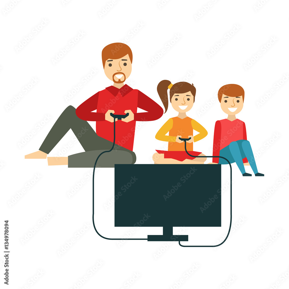 Obraz premium Father Playing Video Games With Kids, Happy Family Having Good Time Together Illustration