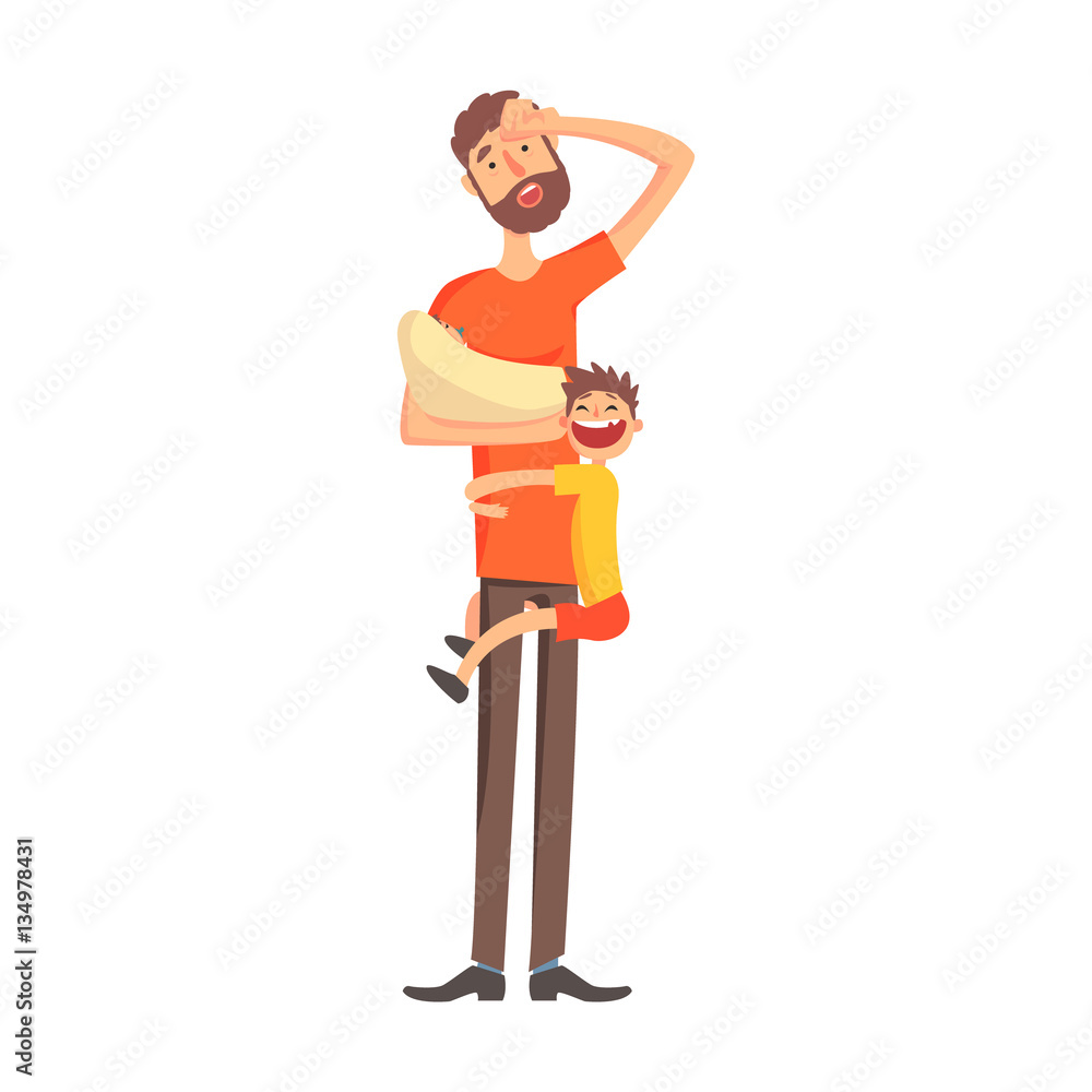 Father Holding A Baby In Arms With Another Kid Hanging On His Leg,Part Of Family Members Series Of Cartoon Characters Father Holding A Baby In Arms With Another Kid Hanging On His Leg,Part Of Family Members Series Of Cartoon Characters