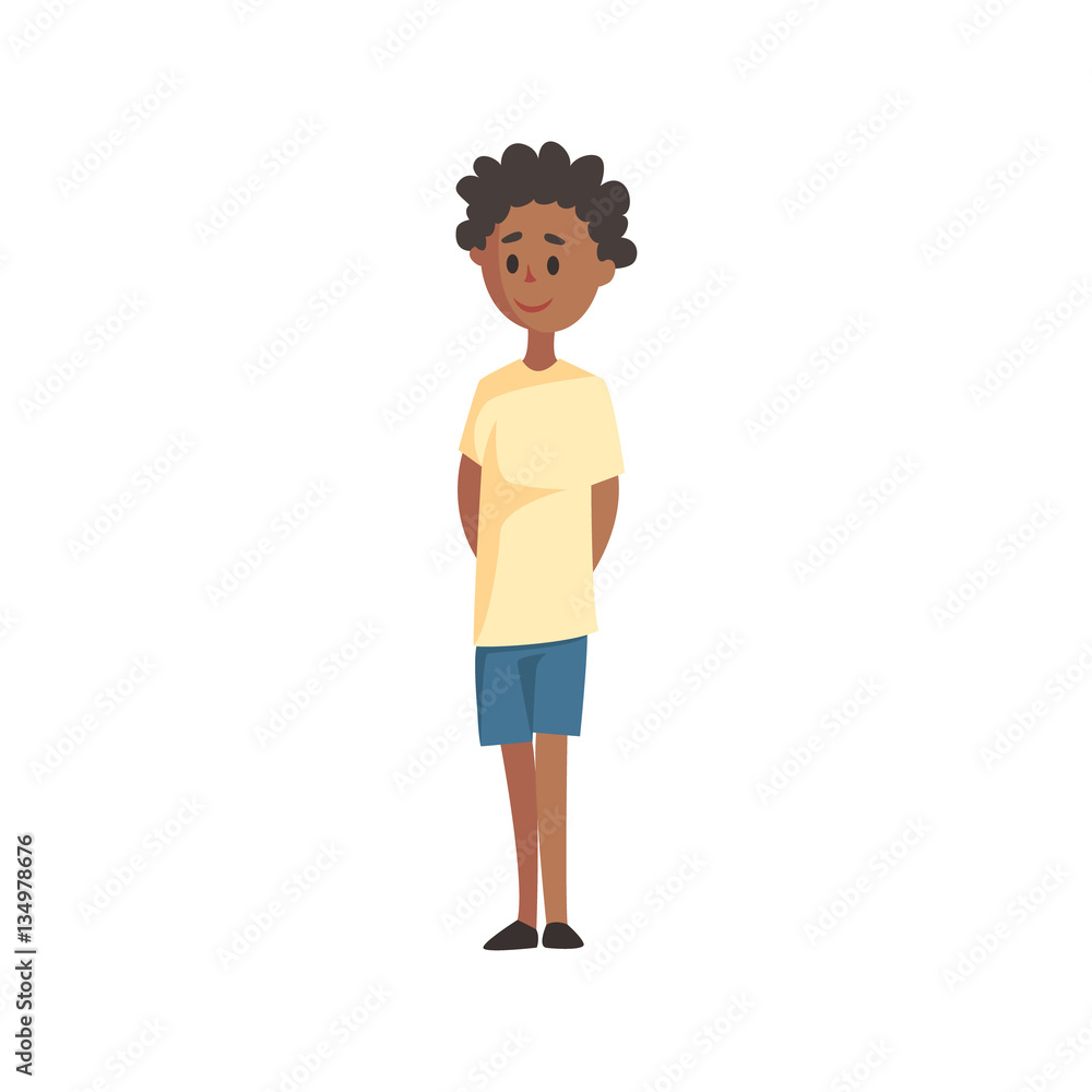 Shy Black Young Boy In Tshirt And Shorts,Part Of Family Members Series