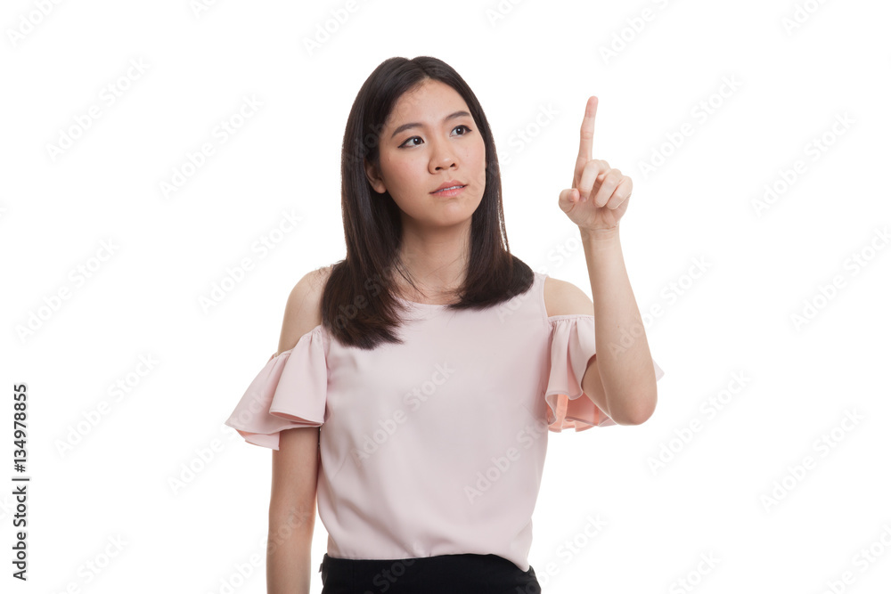 Asian business woman touching the screen with her finger. Asian business woman touching the screen with her finger.