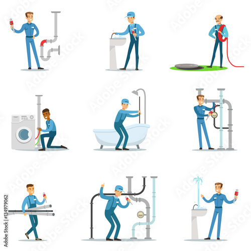 Plumber And Water Supply Plumbing Specialist At Work Doing Repairs Set Of Cartoon Character Scenes