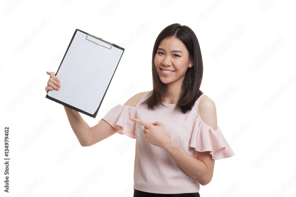 Young Asian business woman point to blank clipboard. Young Asian business woman point to blank clipboard.
