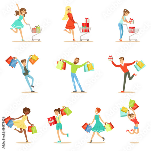 Shopaholic People Happy And Excited Running With Paper Shopping Bags Smiling Carton Characters Set
