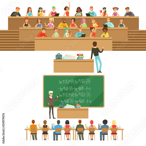 University Education, Students And Professors Collection Of Illustrations