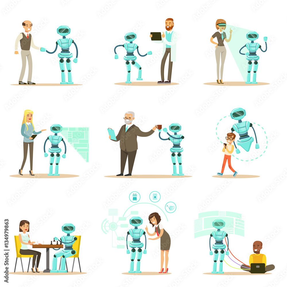 Smiling People And Robot Assistant, Set Of Characters And Service Android Companion