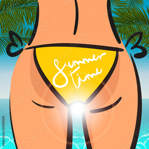 Summer Time lettering poster card. Slim sexy comic woman in bathing suit yellow panties from back looking at the sea. Vector illustration palm leaf, sea coast.